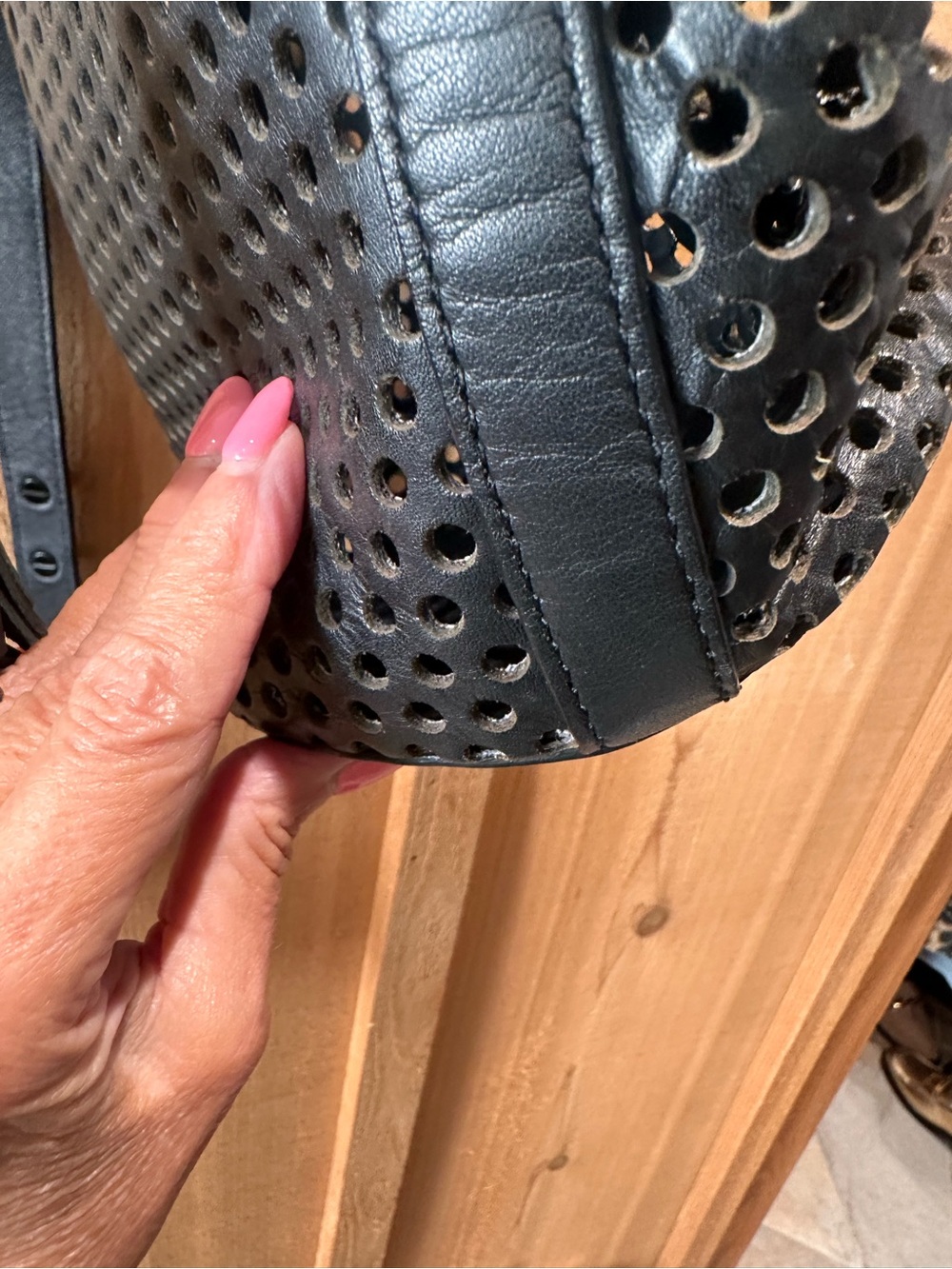 Loeffler Randall Industry Black Leather Perforated Drawstring Bucket Bag - Picture 6 of 12